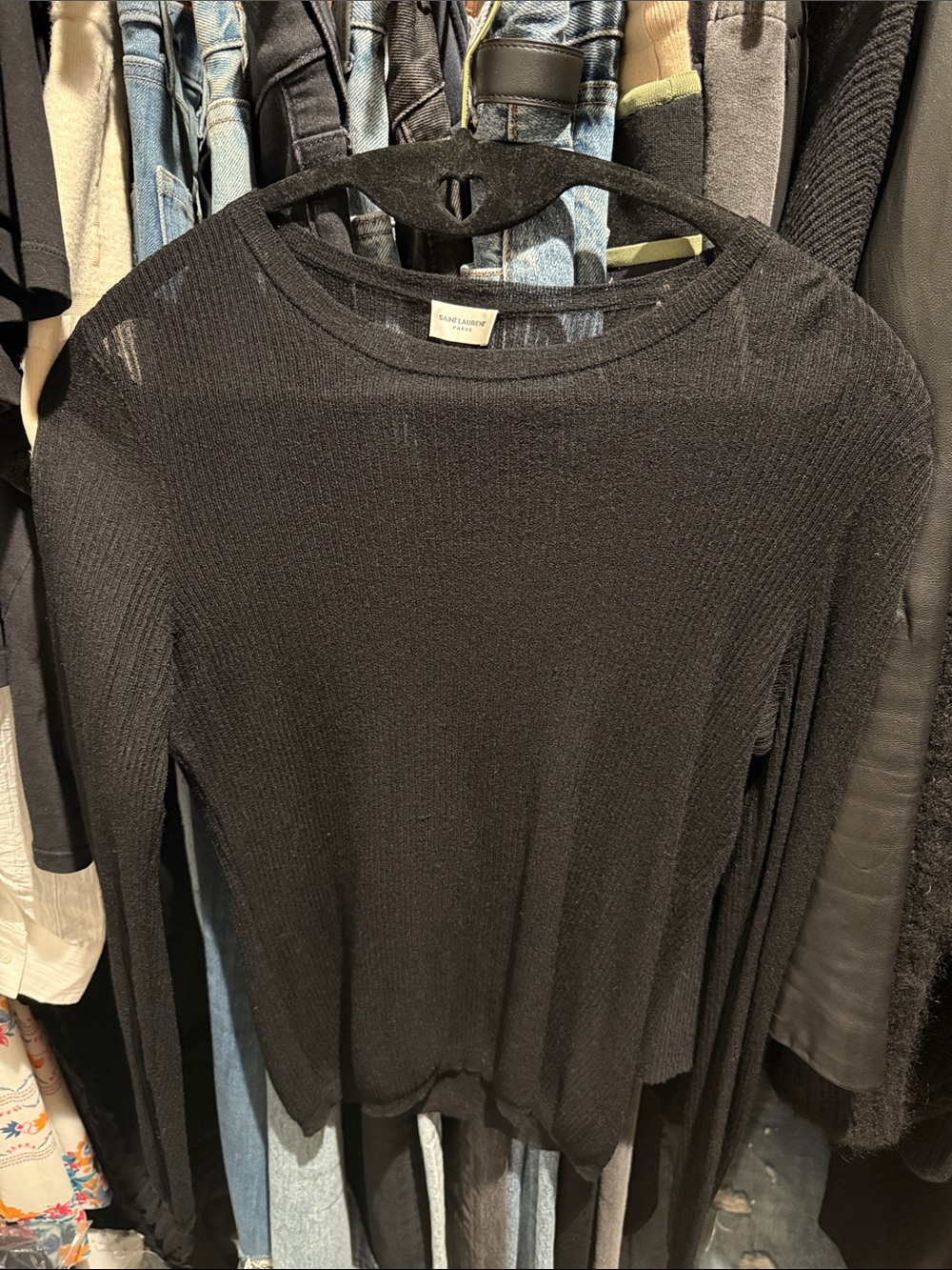Saint Laurent Black Ribbed Crewneck Long Sleeve Top